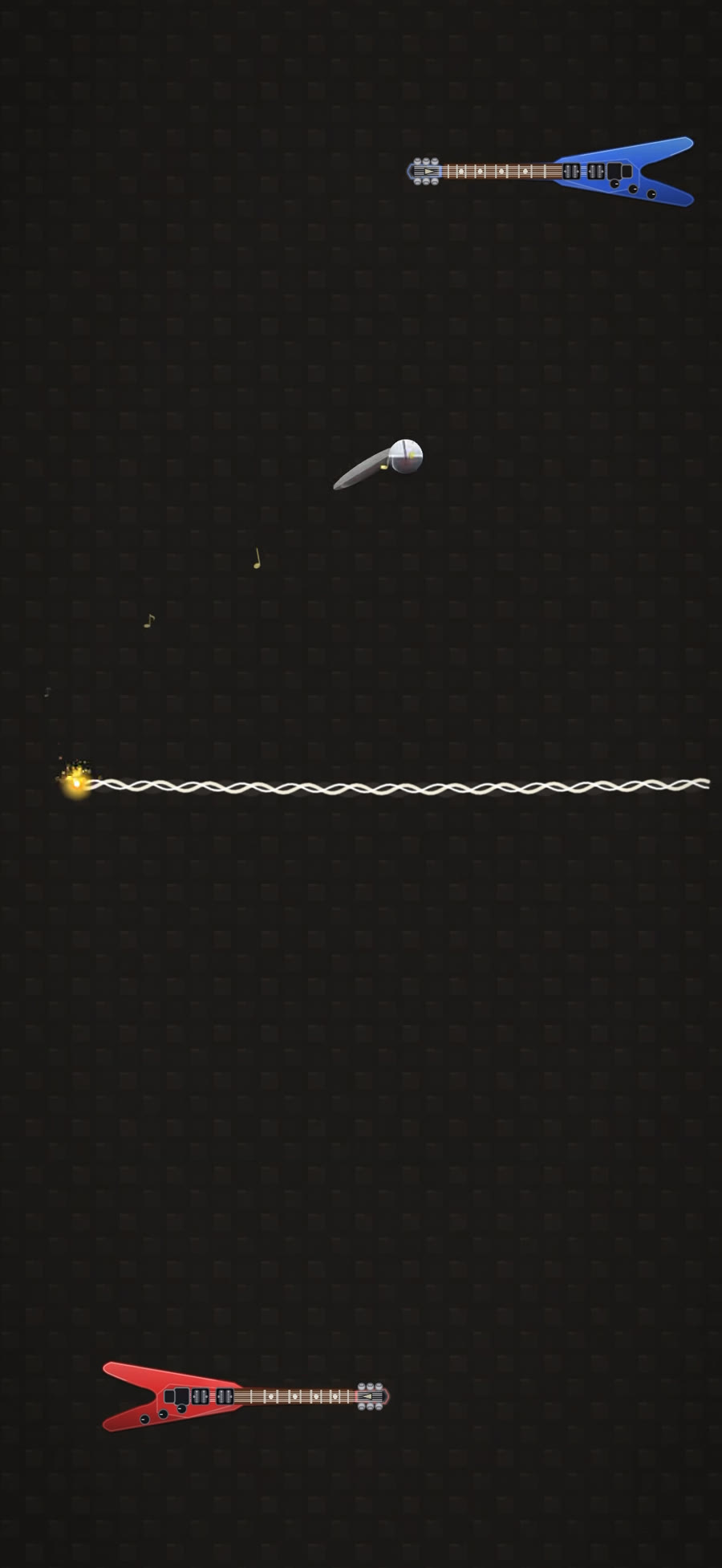 Two Flying V paddles duel over a chrome ball across a dark amp-mesh arena